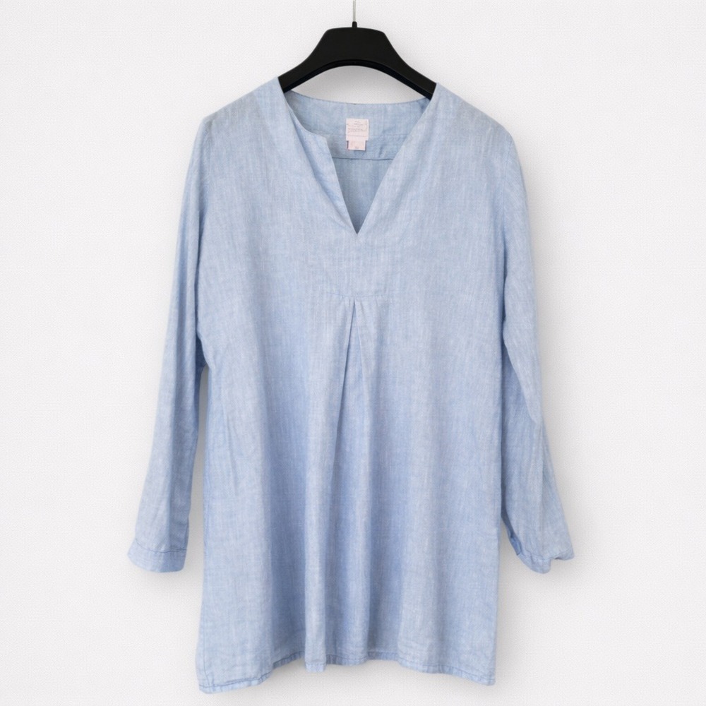 Ann Mashburn Light Blue Linen Pleated V‑Neck Long Slv Tunic Women's Clean Girl